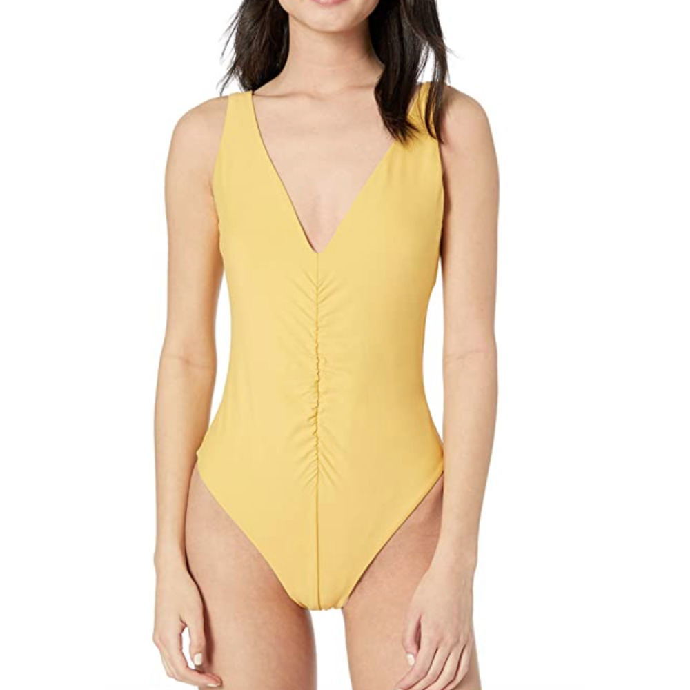 Vicious Young Babes Ruched Front One Piece Swimsuit Daylight Honey Yellow LARGE
